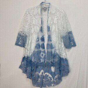 Anis A. Duster Kimono size Large Blue White Lace Boho Open Front Festival